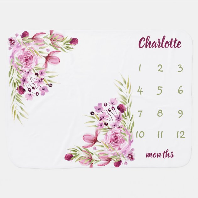 Girl Milestone Baby Blanket Growth Tracker Navy Blush Pink Floral Wreath Bouquet Personalized Newborn Name Swaddle